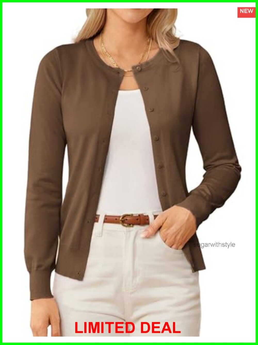 Knit Button Down Cardigan Sweater Lightweight Crew Neck Long Sleeve
